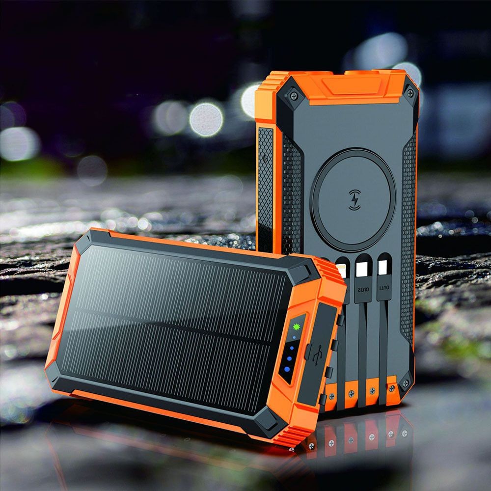 Solar Power Bank 20000 mAh Built-in-4 Cables Qi Wireless charger with LED flashlight