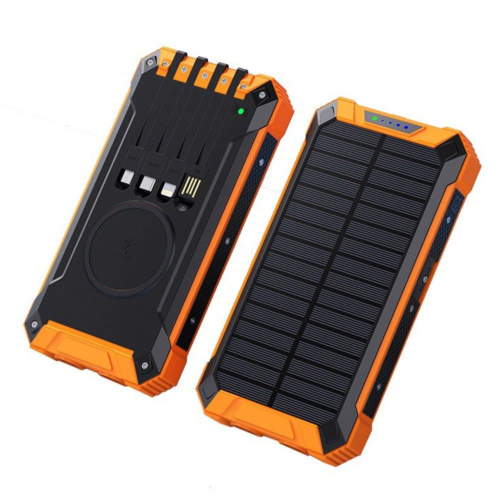 Solar Power Bank 20000 Mah Built-in-4 Cables Qi Wireless Charger With Led Flashlight